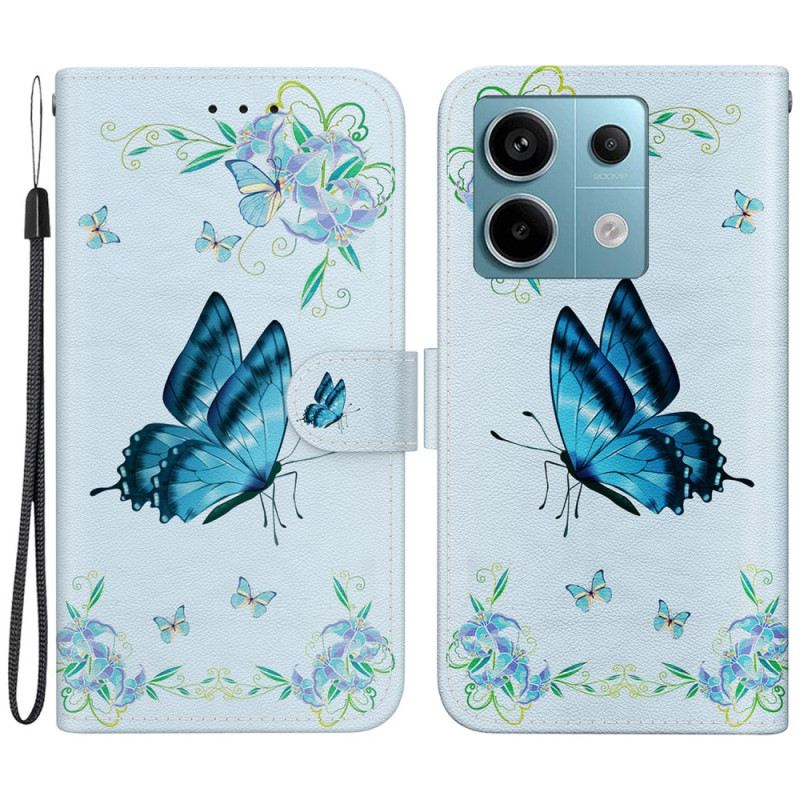 Lederhüllen Für Xiaomi Redmi Note 13 Pro 5g Blaue Schmetterlinge Und Blumen Mit Riemen