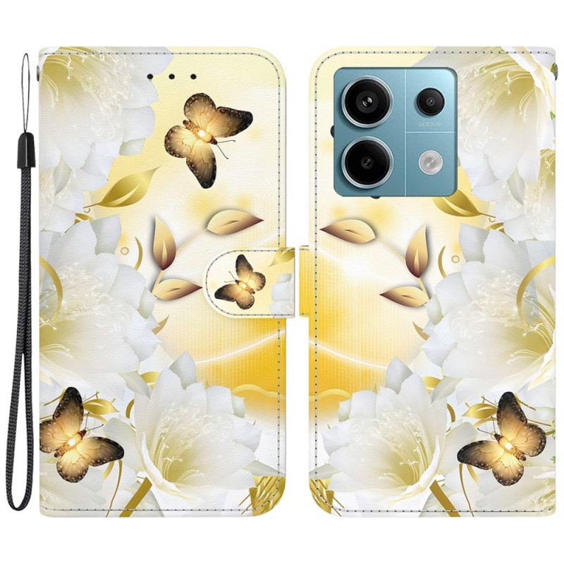 Lederhüllen Xiaomi Redmi Note 13 Pro 5g Goldene Schmetterlinge Und Weiße Blumen Mit Riemen