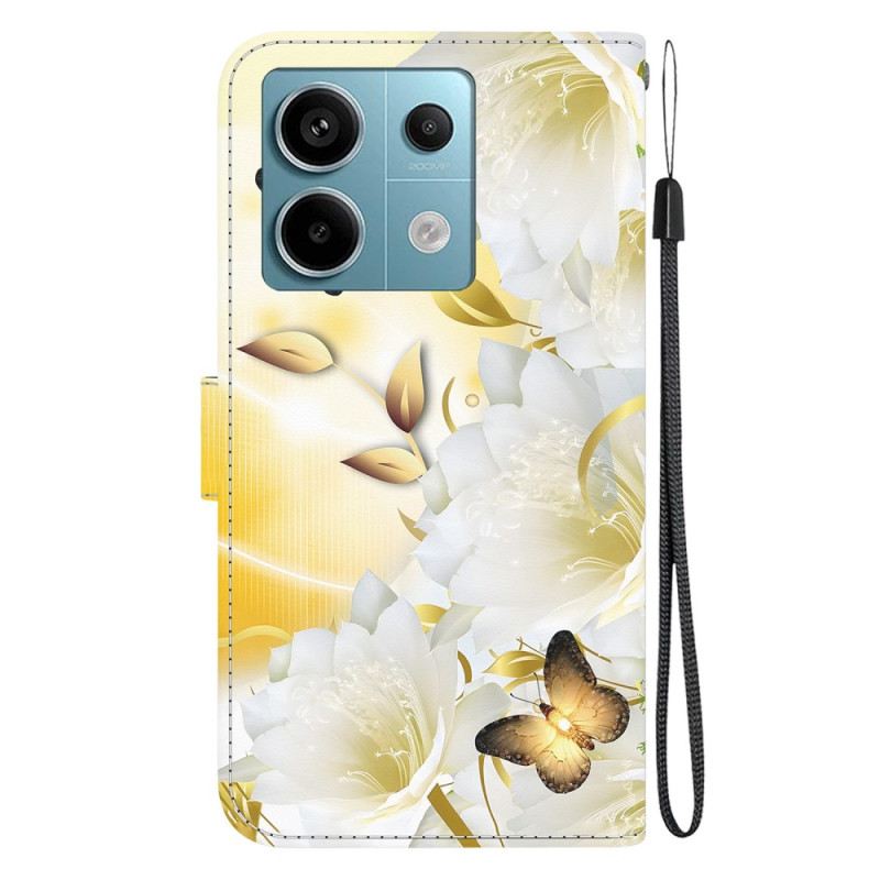 Lederhüllen Xiaomi Redmi Note 13 Pro 5g Goldene Schmetterlinge Und Weiße Blumen Mit Riemen