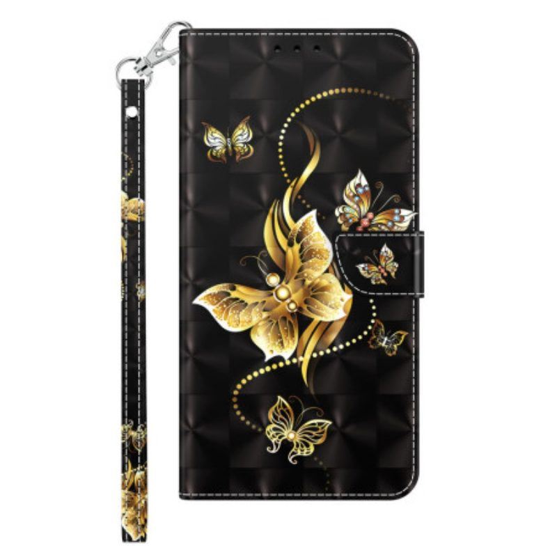 Flip Case Für iPhone 14 Pro Mit Kordel Goldene Schmetterlinge Mit Riemen