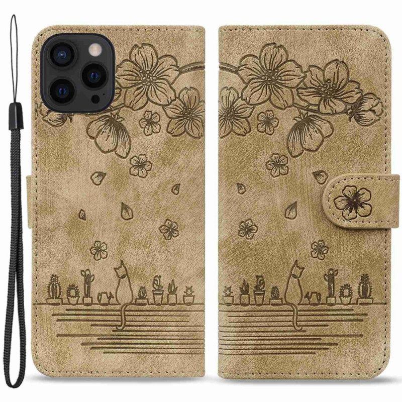 Flip Case Für iPhone 14 Pro Mit Kordel Riemchen-katzen-print