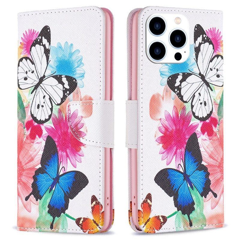 Lederhüllen Für iPhone 14 Pro Aquarell-schmetterlinge