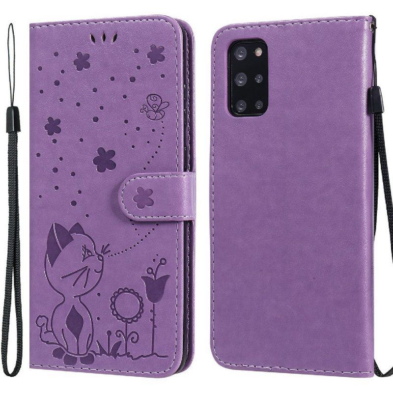 Flip Case Für Samsung Galaxy S20 Plus / S20 Plus 5G Mit Kordel Katze Und Biene Mit Schlüsselband