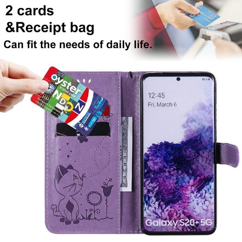 Flip Case Für Samsung Galaxy S20 Plus / S20 Plus 5G Mit Kordel Katze Und Biene Mit Schlüsselband