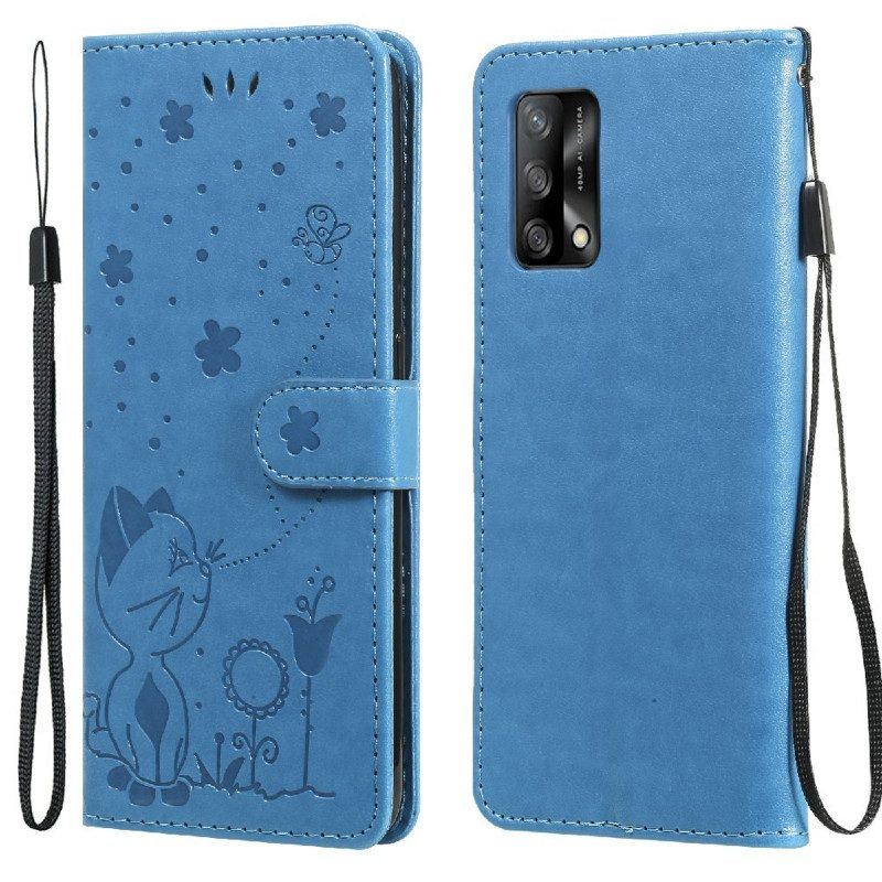 Flip Case Für Oppo A74 4G Mit Kordel Katze Und Biene Mit Schlüsselband