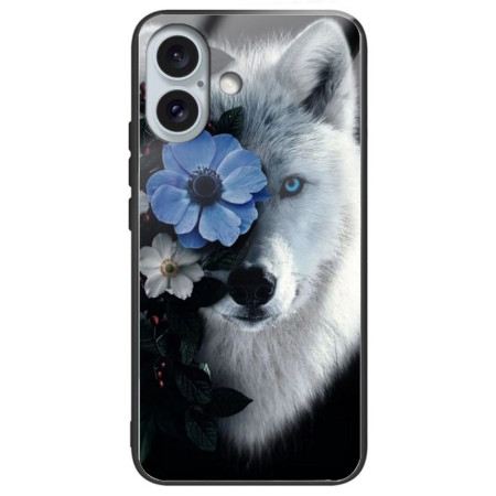 Hülle iPhone 16 Plus Handyhülle Gehärtetes Glas Mit Wolf Und Blauer Blume