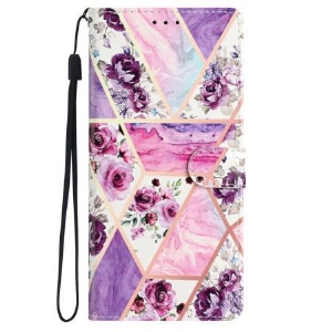 Lederhüllen Für iPhone 16 Plus Marmorviolette Blumen Mit Riemen