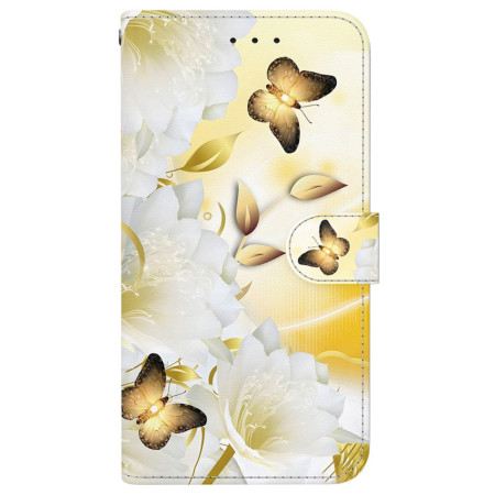 Lederhüllen iPhone 16 Plus Goldene Schmetterlinge Und Weiße Blumen Mit Riemen