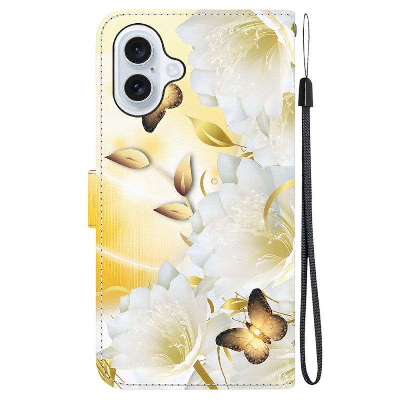 Lederhüllen iPhone 16 Plus Goldene Schmetterlinge Und Weiße Blumen Mit Riemen