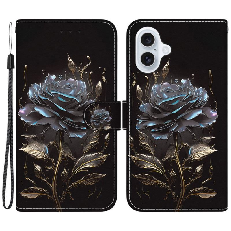 Lederhüllen iPhone 16 Plus Handyhülle Schwarze Rose Mit Riemen