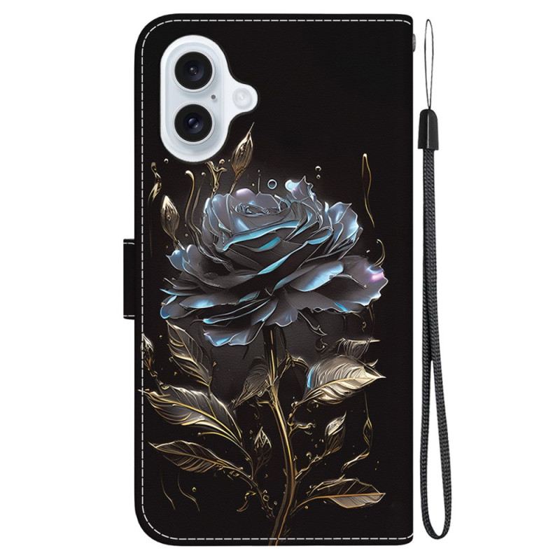 Lederhüllen iPhone 16 Plus Handyhülle Schwarze Rose Mit Riemen