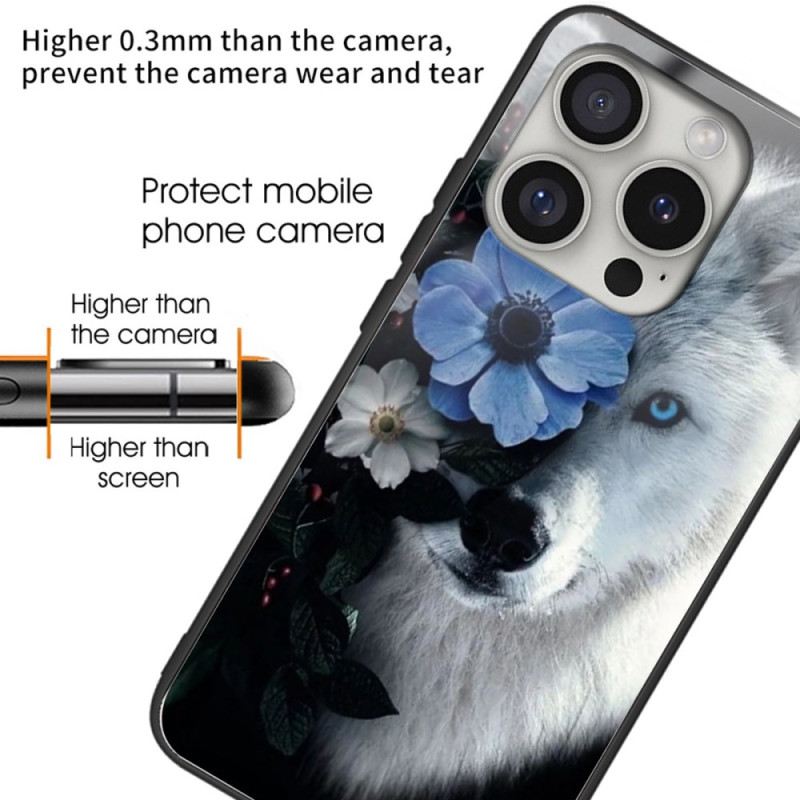 Hülle iPhone 16 Pro Handyhülle Wolf Und Blaue Blume Aus Gehärtetem Glas