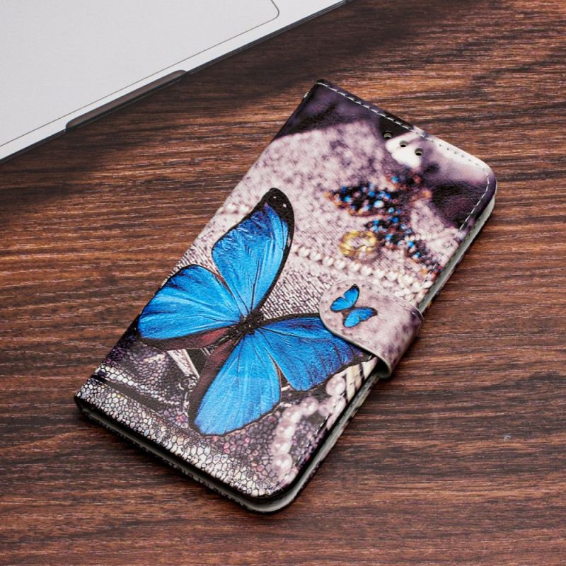 Lederhüllen iPhone 16 Pro Blauer Schmetterling Mit Riemen