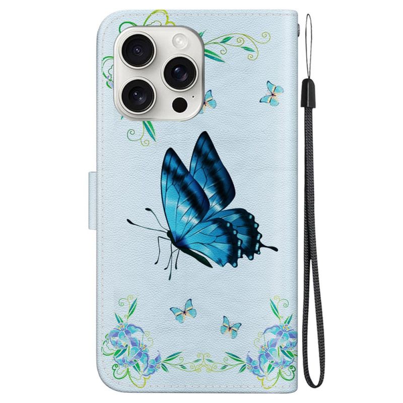 Lederhüllen iPhone 16 Pro Blauer Schmetterling Und Blumen Mit Riemen