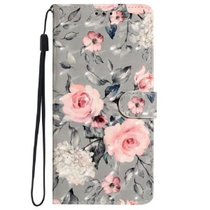 Lederhüllen iPhone 16 Pro Rosa Blumen Auf Grauem Hintergrund Mit Riemen