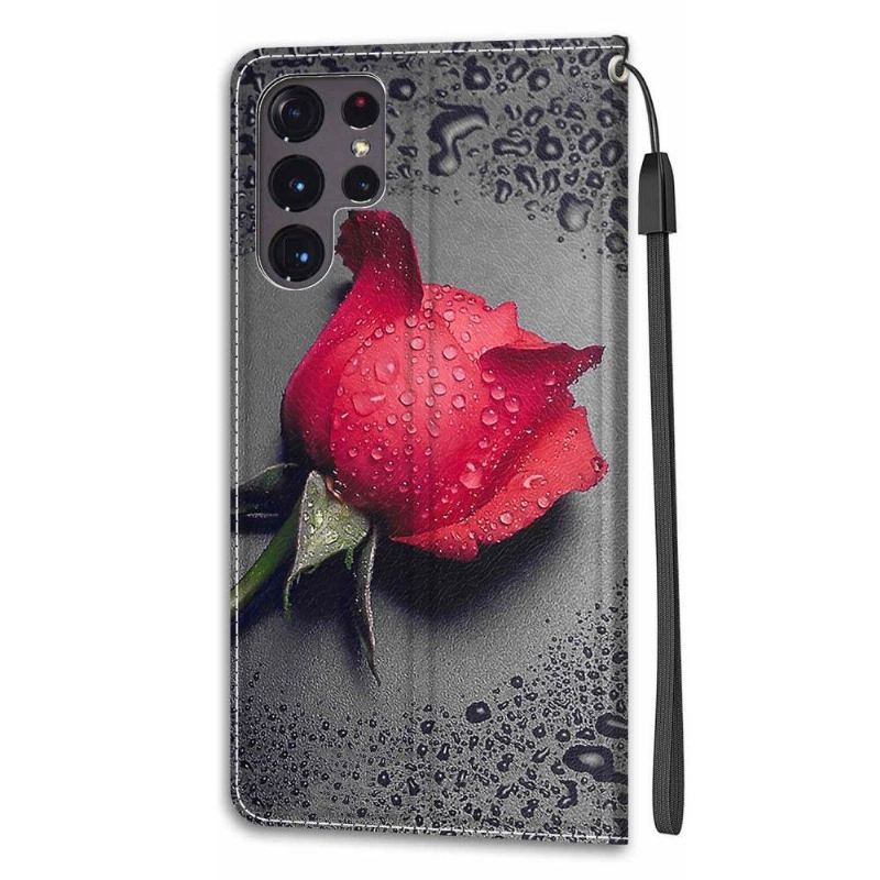 Flip Case Für Samsung Galaxy S22 Ultra 5G Rote Rosenwassertropfen