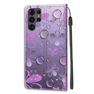 Lederhüllen Für Samsung Galaxy S22 Ultra 5G Violette Blumenillustration