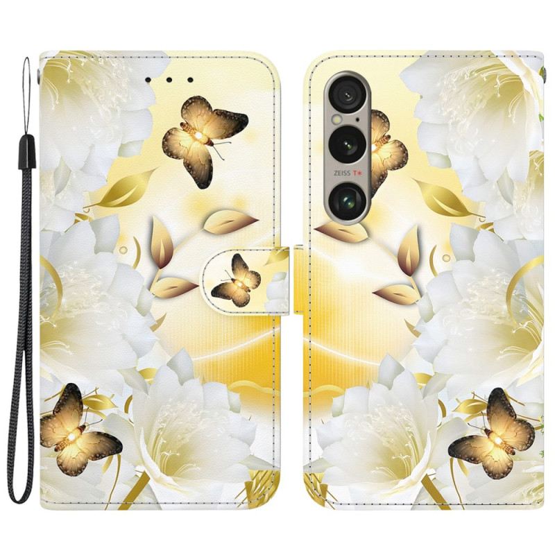 Lederhüllen Sony Xperia 1 Vi Goldene Schmetterlinge Und Weiße Blumen Mit Riemen