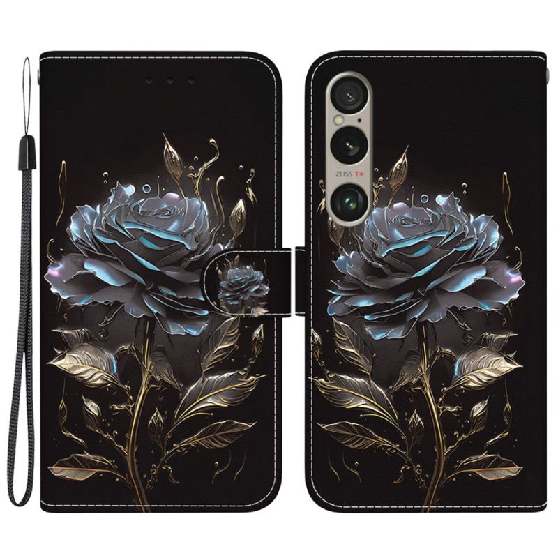 Lederhüllen Sony Xperia 1 Vi Handyhülle Schwarze Rose Mit Riemen