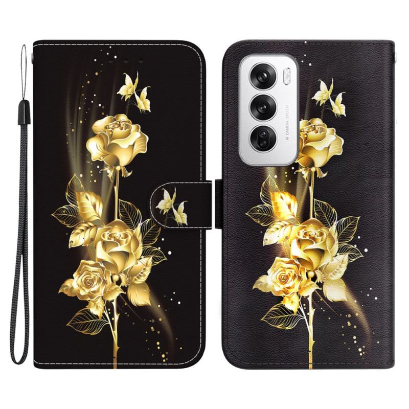 Lederhüllen Für Oppo Reno 12 5g Goldene Und Rosa Schmetterlinge Mit Riemen