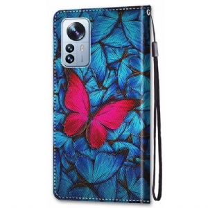 Lederhüllen Für Xiaomi 12 Pro Blaue Und Rosa Schmetterlinge