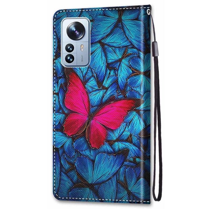 Lederhüllen Für Xiaomi 12 Pro Blaue Und Rosa Schmetterlinge