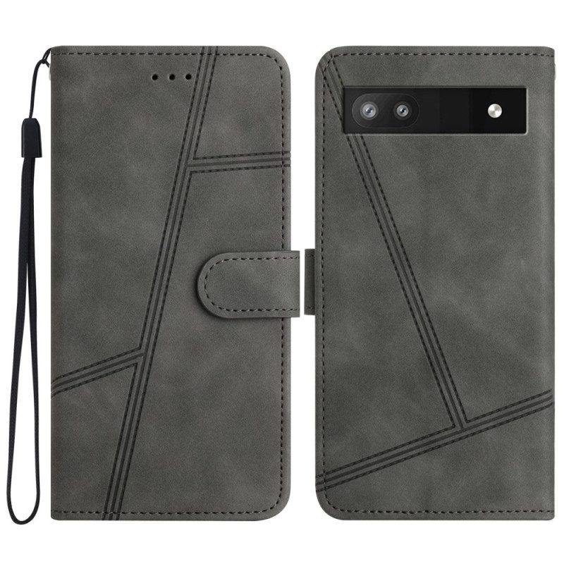 Flip Case Für Google Pixel 7A Mit Kordel Geometrischer Lederstil Mit Riemchen